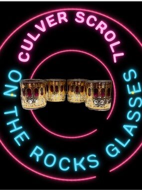 4  Vintage 1960’s Culver "Cranberry Scroll" On The Rocks Glasses